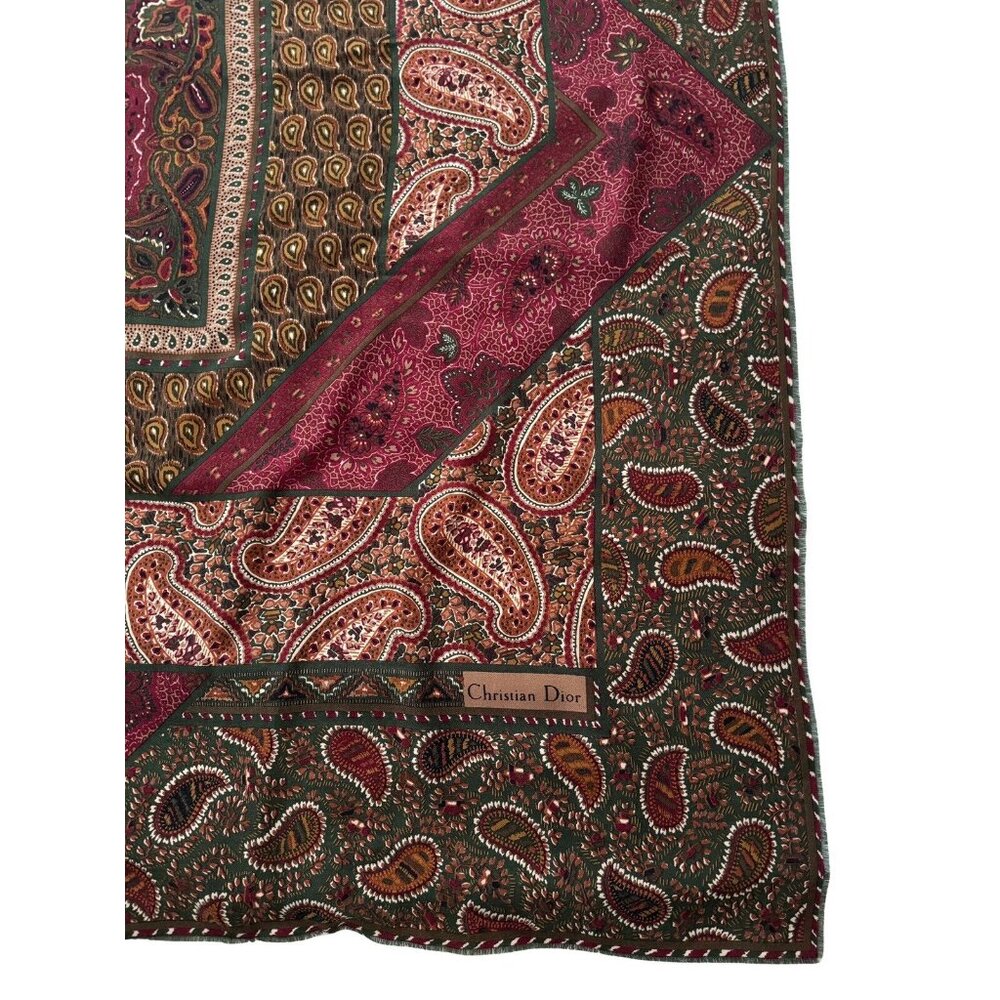 Vintage Christian Dior Boho Paisley Brown Green Wool Silk 52” Large Scarf Shawl - Picture 4 of 10